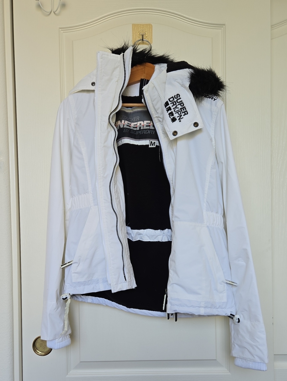 Superdry White Women's Hooded Jacket with Black Faux Fur Trim